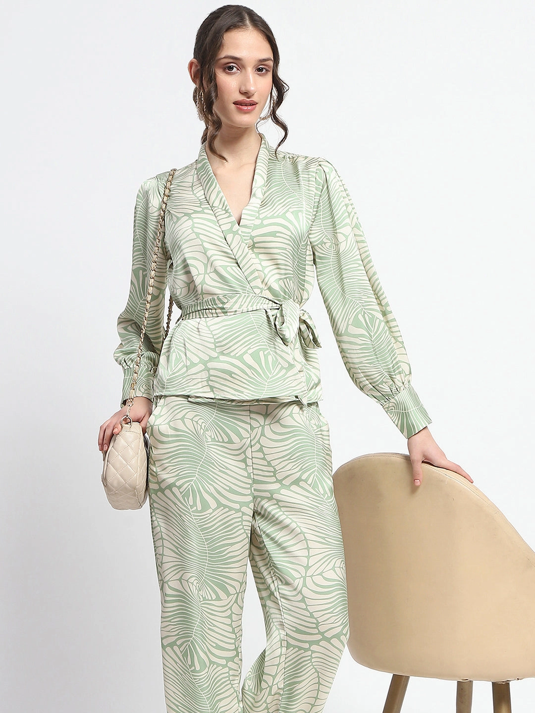 Madame Botanical Print Wrap Top and Bottom Beige Ensemble Fashionable Layers