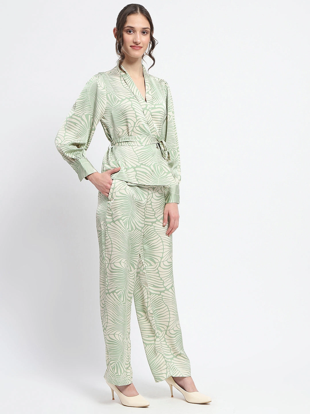 Madame Botanical Print Wrap Top and Bottom Beige Ensemble Inner Glow Classic Move