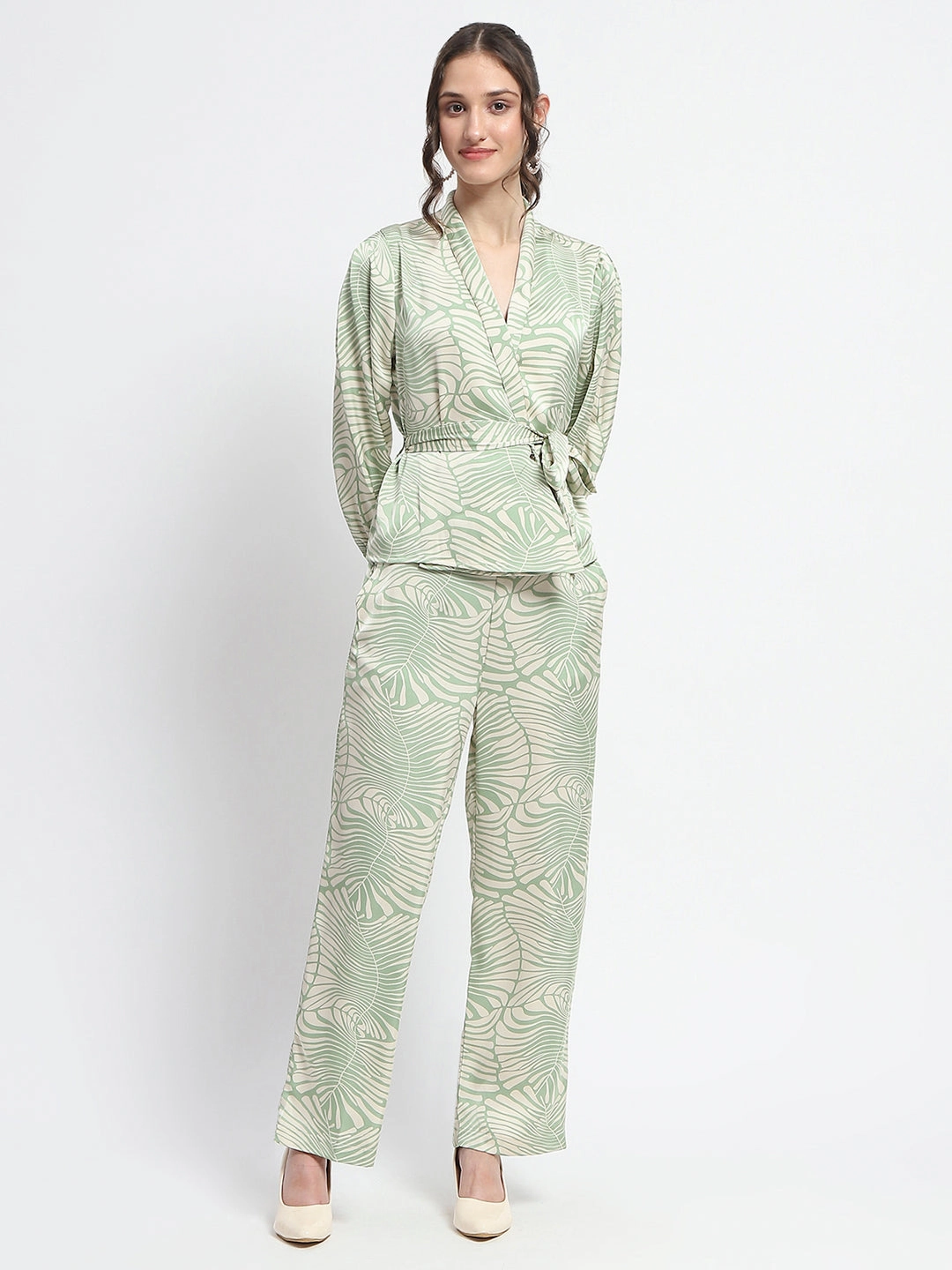cut out Effortless Wear Madame Botanical Print Wrap Top and Bottom Beige Ensemble