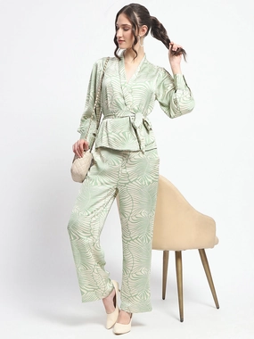 Madame Botanical Print Wrap Top and Bottom Beige Ensemble Smart Look