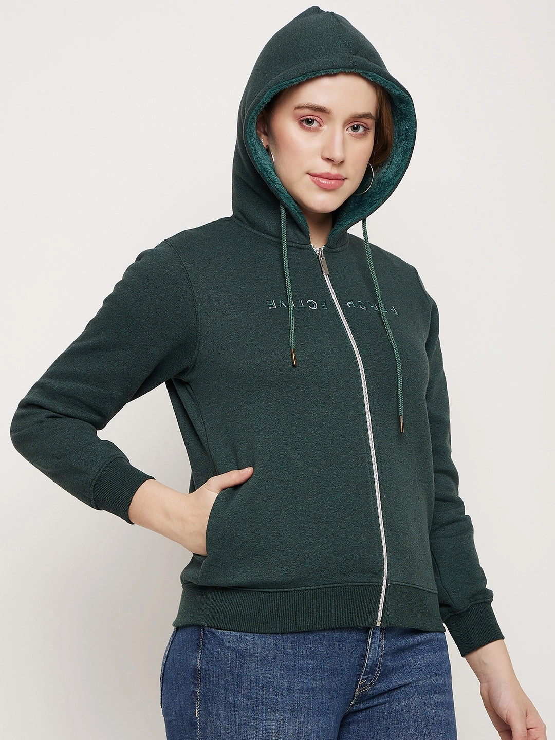 Easy Look Classic Chic Madame Bottle Green Hood Neck Sweatshirt