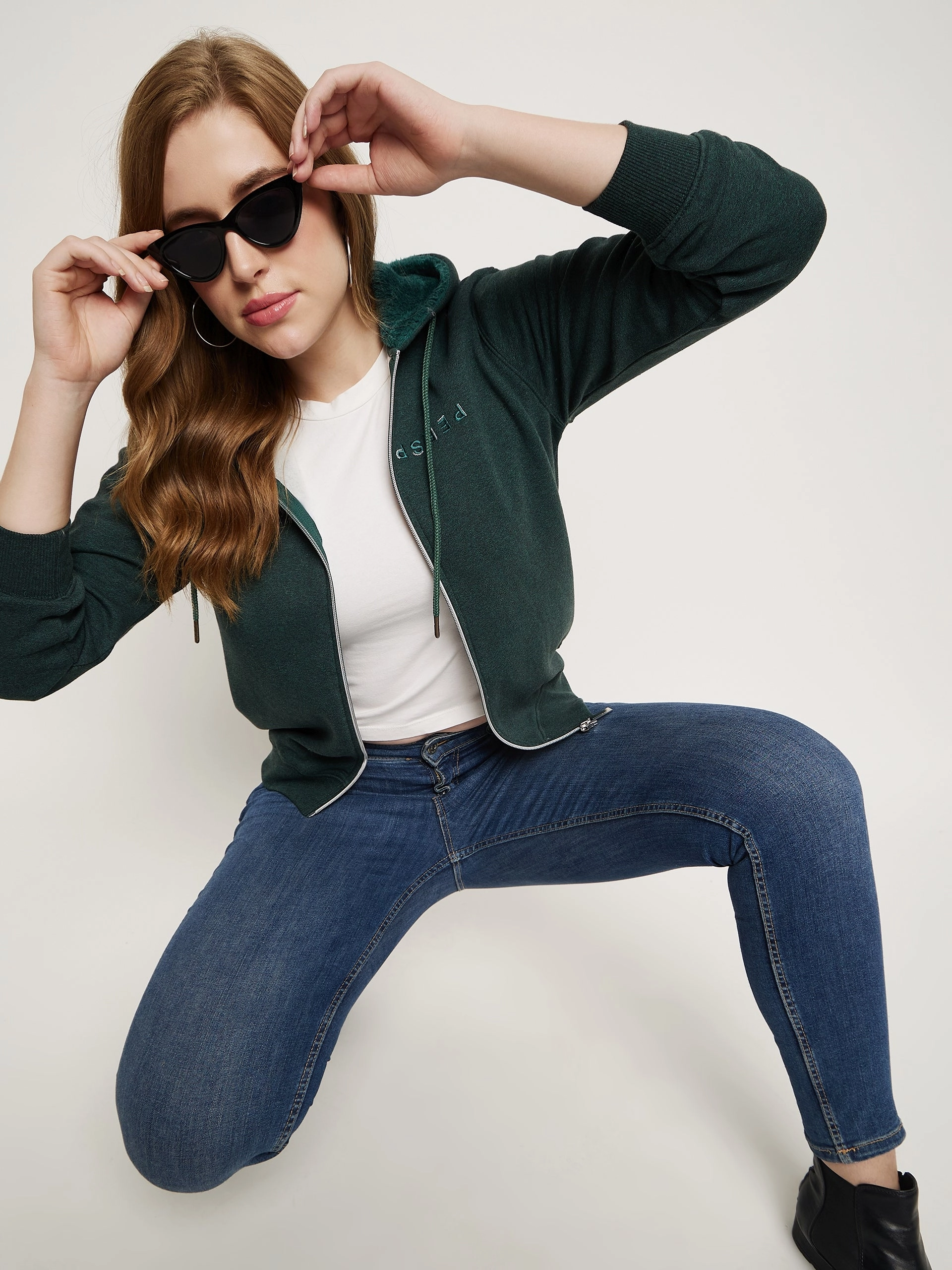 goes with sneakers Madame Bottle Green Hood Neck Sweatshirt