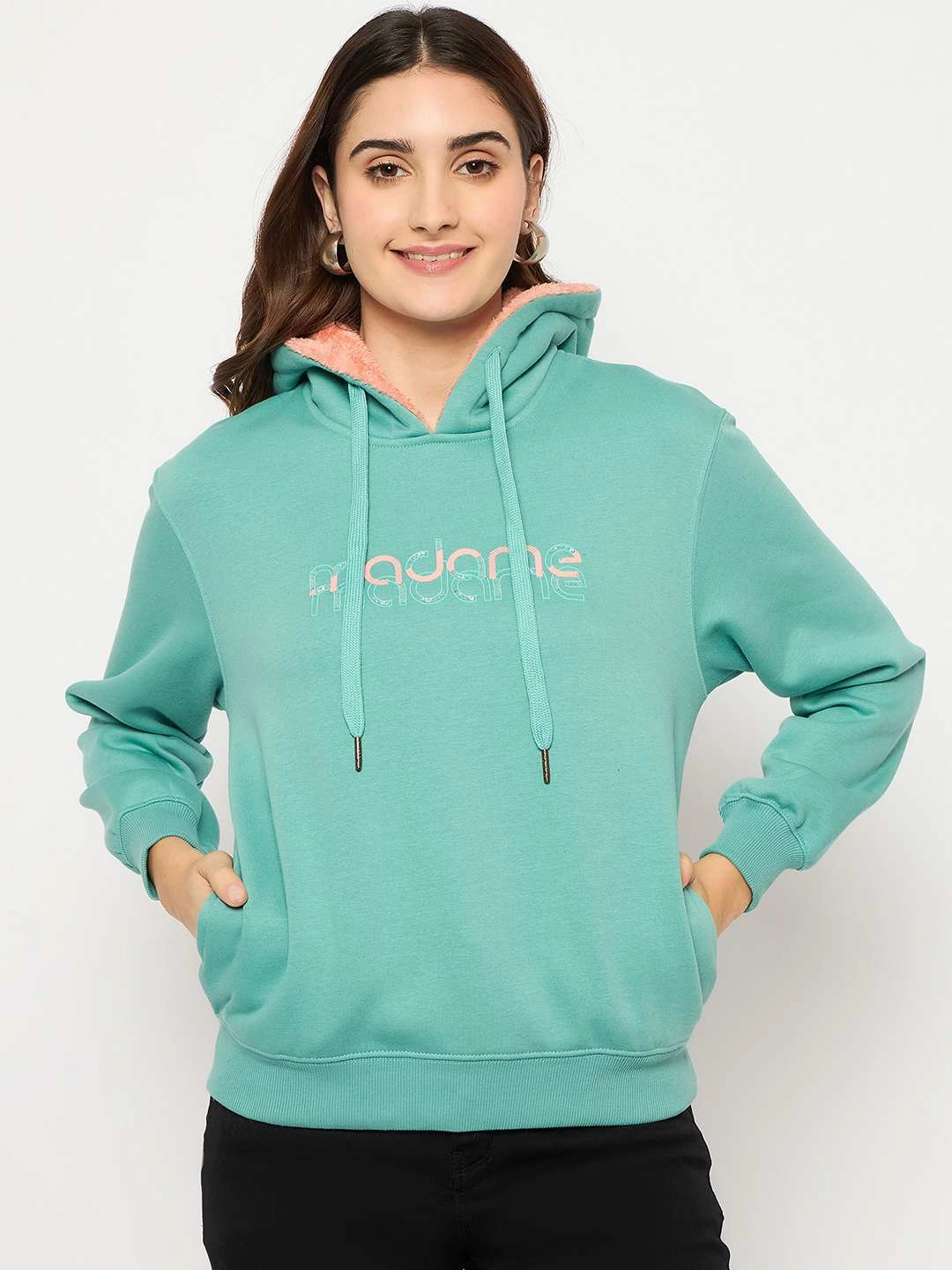 Casual Wear Breathable Design Madame Branding Print And Handwork Seafoam Hooded Sweatshirt