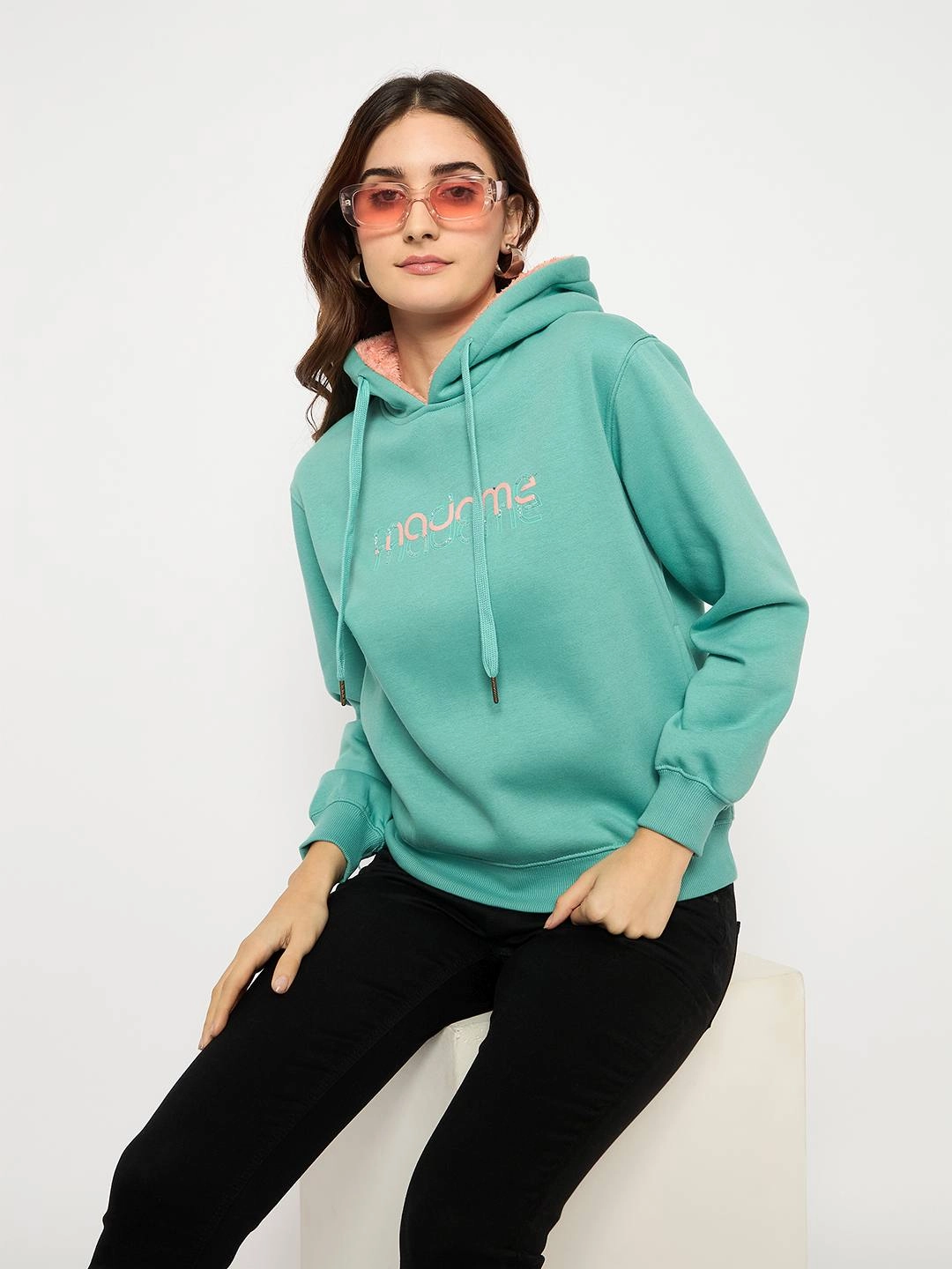 Madame Branding Print And Handwork Seafoam Hooded Sweatshirt Plus Fit Timeless Fashion