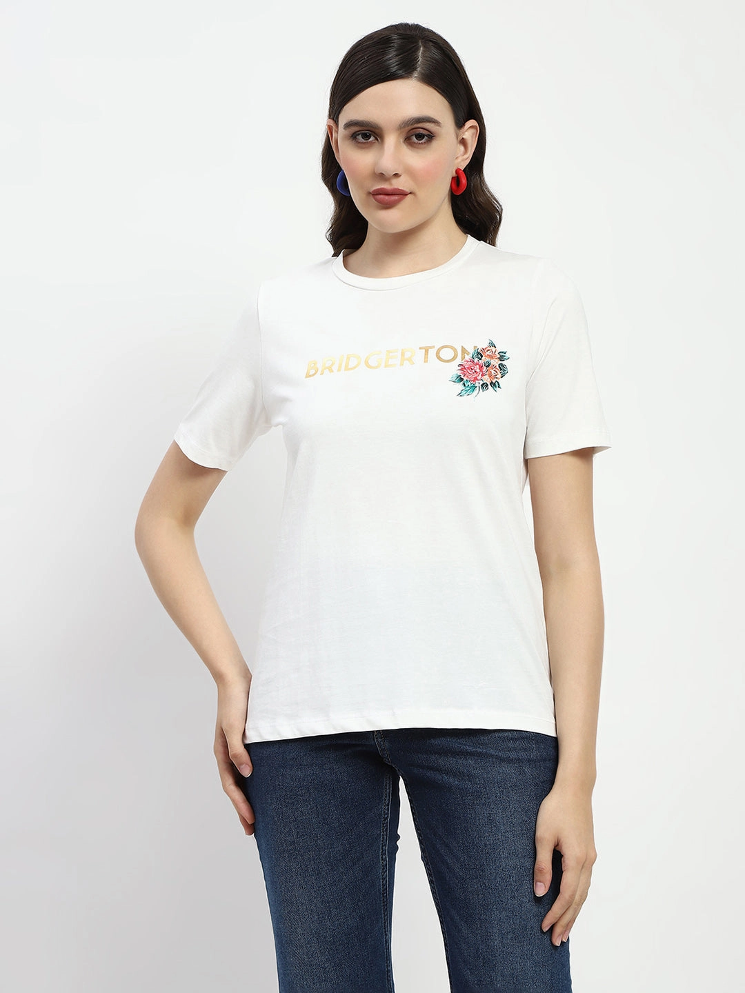 Madame Bridgerton Embossed Graphics White Cotton T-Shirt Stretch Fabric Technology