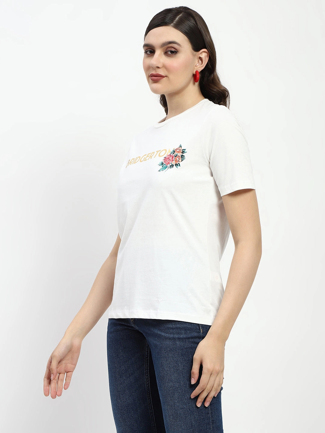 Madame Bridgerton Embossed Graphics White Cotton T-Shirt Active Wearable Versatile Wear