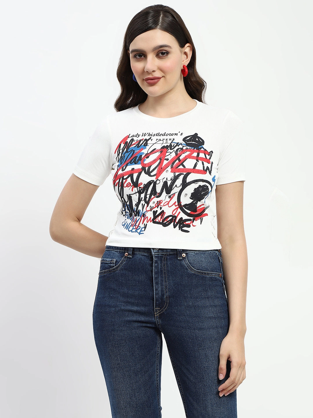 LowImpactDye Feminine Fit Madame Bridgerton Typography Printed Crystal Embellished White Cotton T-Shirt