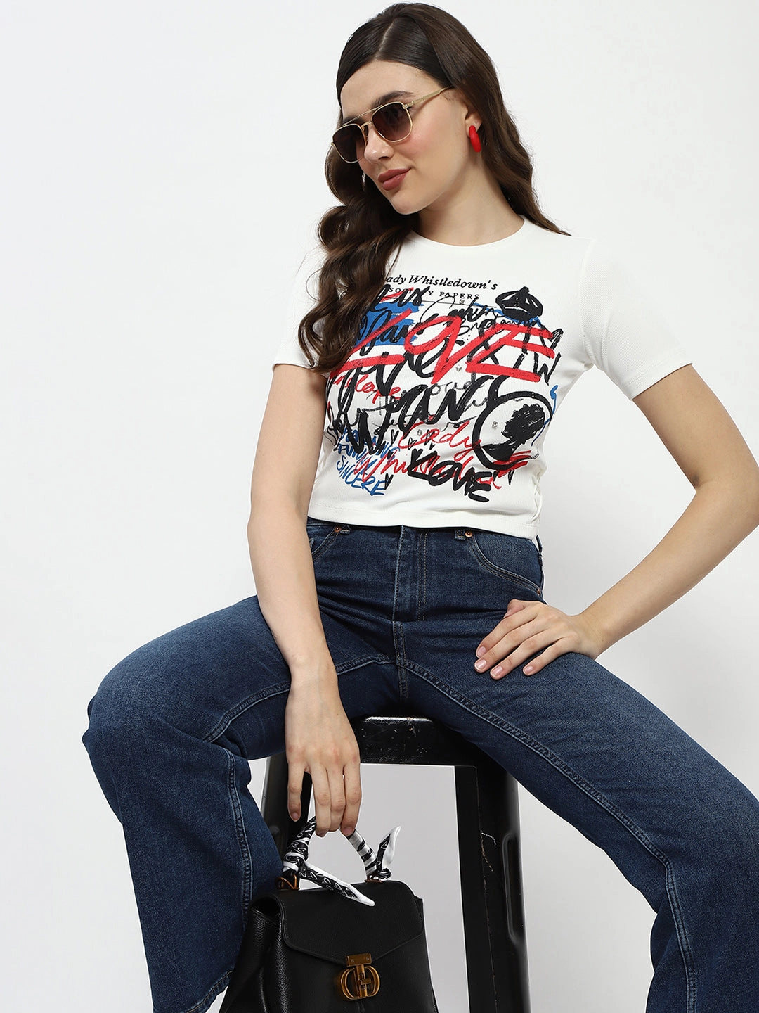Madame Bridgerton Typography Printed Crystal Embellished White Cotton T-Shirt Quick Fit Comfort