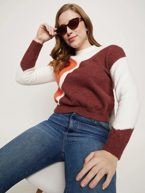 Madame Brown Colourblocked Round Neck Sweater Relaxed Layers Casual Chic Knit
