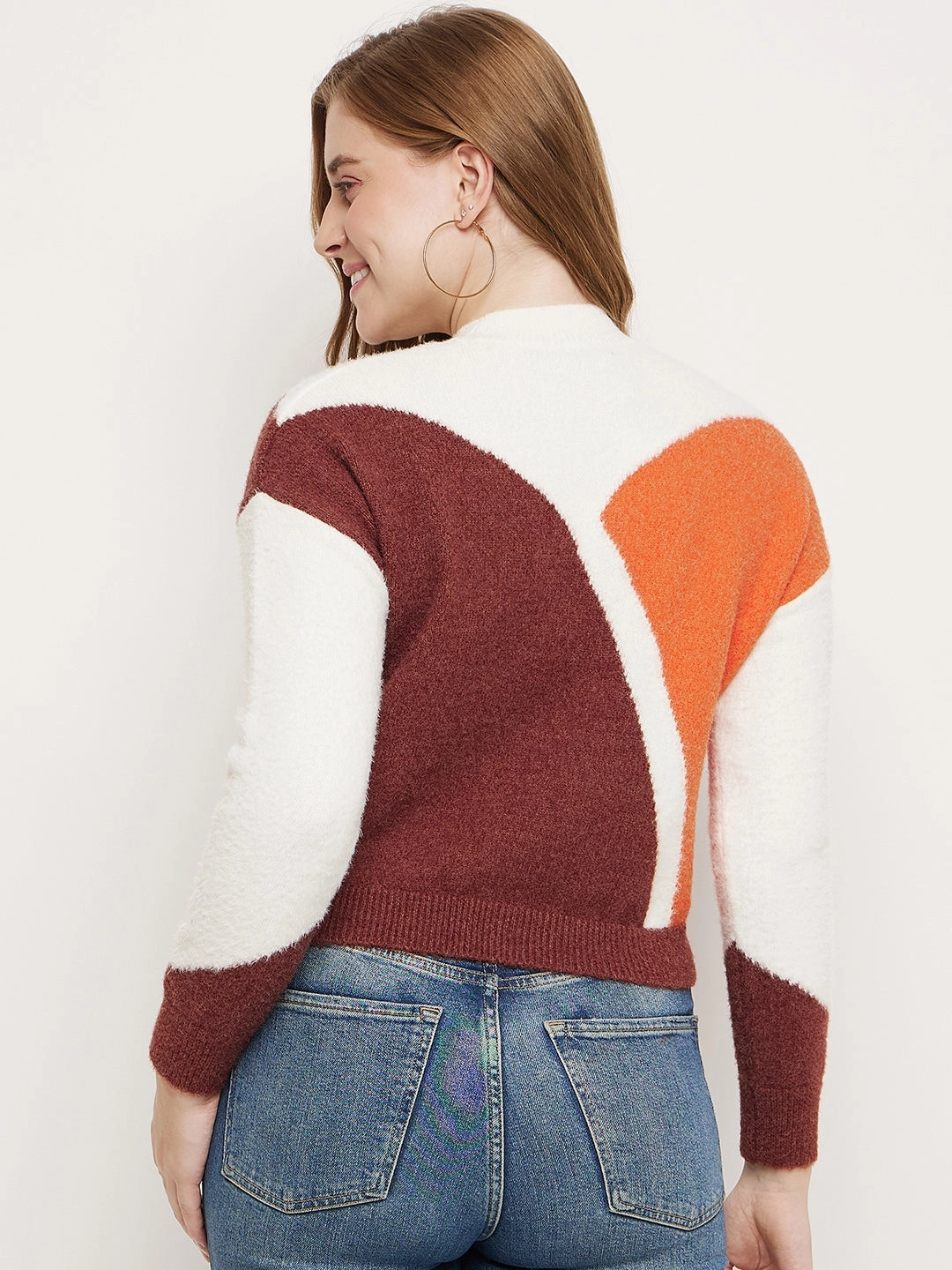 Madame Brown Colourblocked Round Neck Sweater Comfy Feel