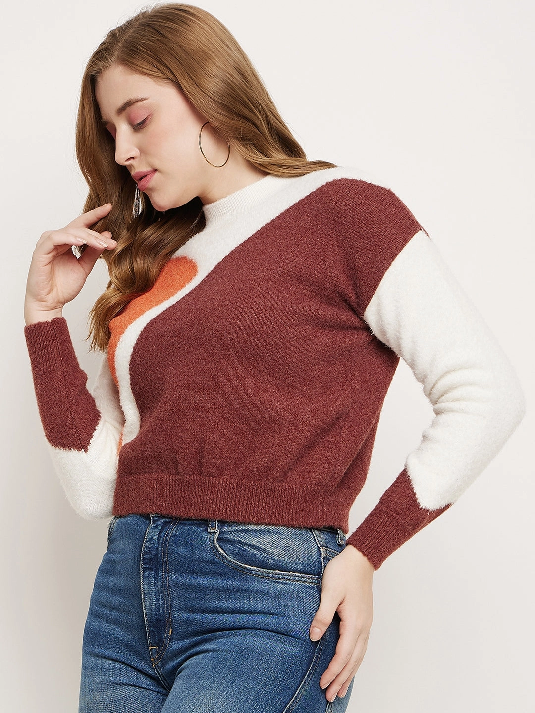Madame Brown Colourblocked Round Neck Sweater Minimalist Style Relaxed Waist
