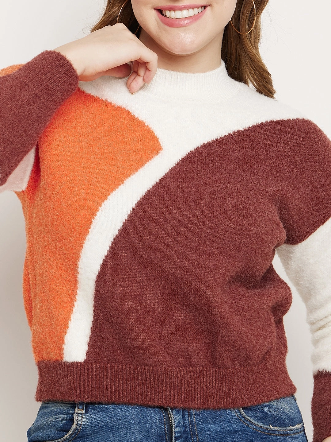 Quick Fit Cozy Fit Madame Brown Colourblocked Round Neck Sweater