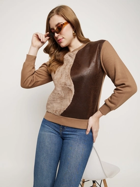 label accents product gym ready performance Madame Brown Fleece And Faux Leather Colourblocked Sweatshirt