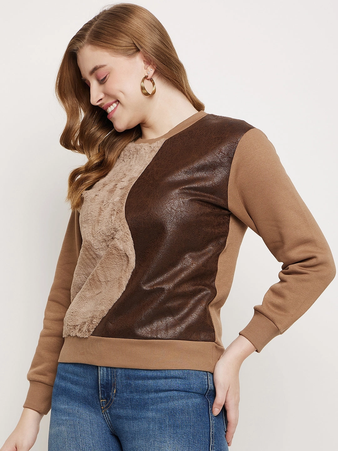 Madame Brown Fleece And Faux Leather Colourblocked Sweatshirt Trendy Essentials Layer Up