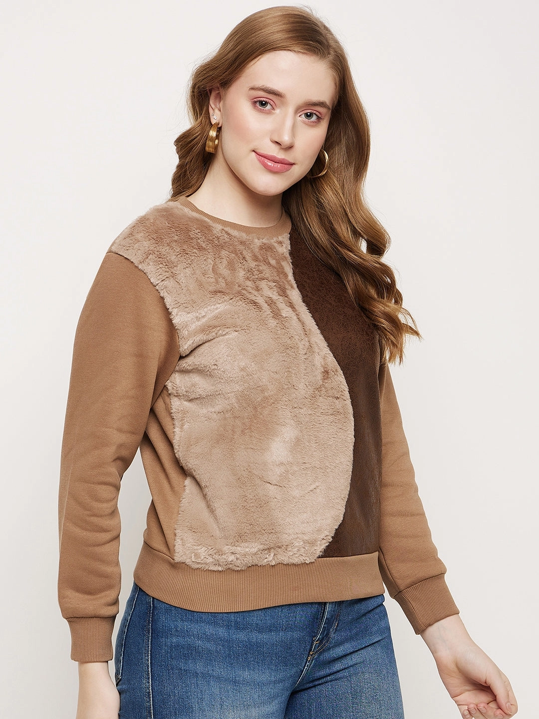 product date night charm Madame Brown Fleece And Faux Leather Colourblocked Sweatshirt