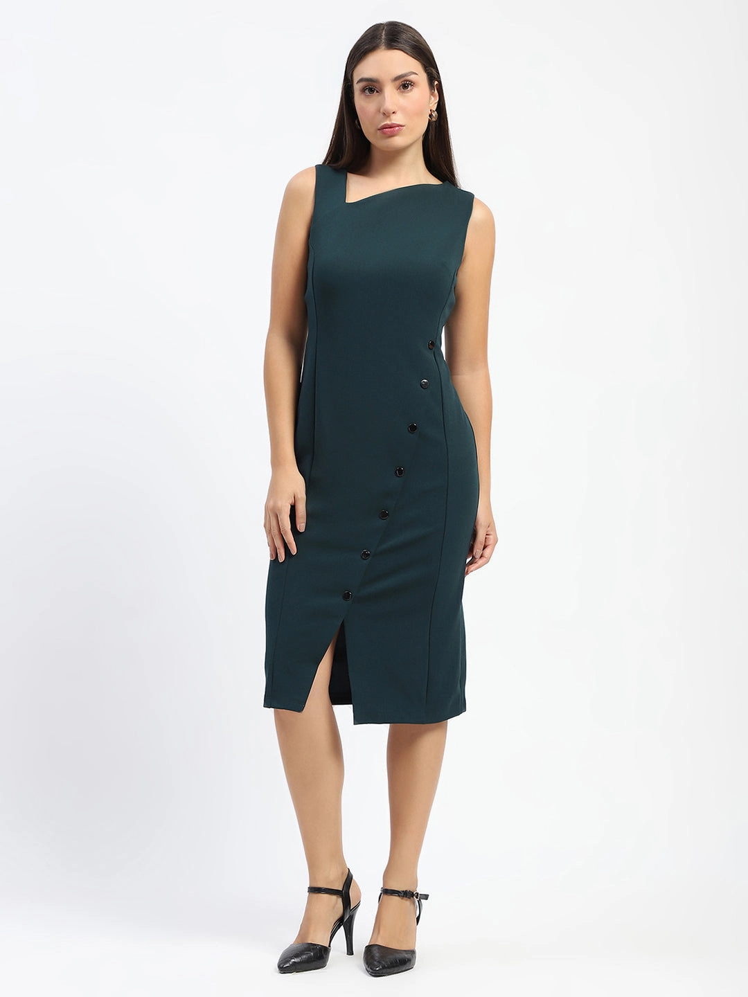 Madame Button Accented Asymmetrical Neck Teal Midi Dress Sleek Fit Elastic-Cuff