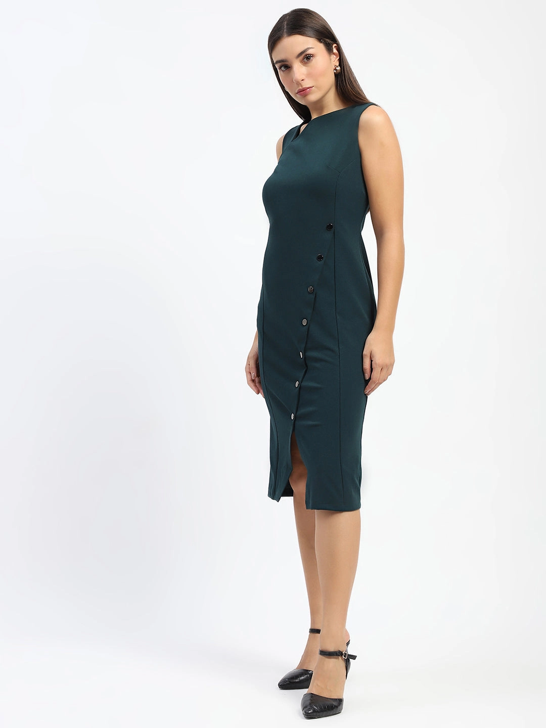 Madame Button Accented Asymmetrical Neck Teal Midi Dress Fashion Option