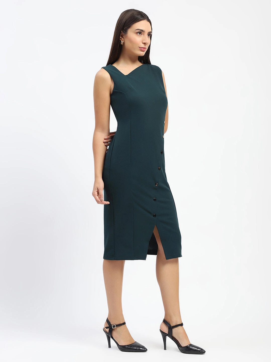Madame Button Accented Asymmetrical Neck Teal Midi Dress Abrasion-resistant