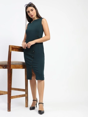 Madame Button Accented Asymmetrical Neck Teal Midi Dress Easy to Wear Airy Silk