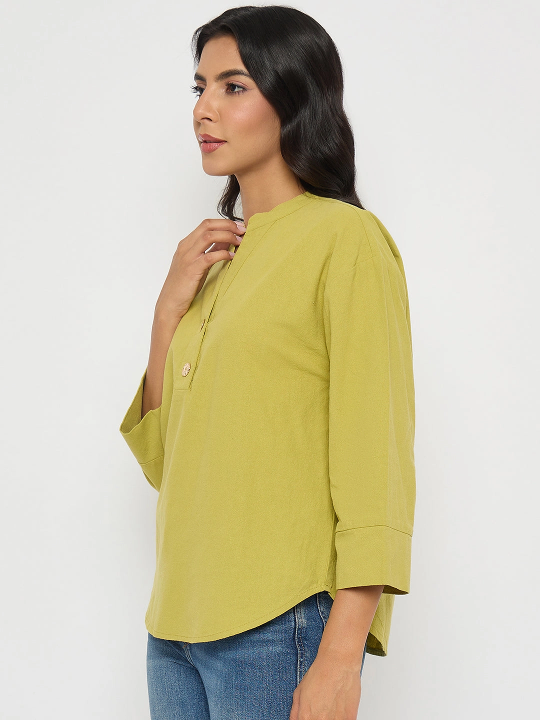Madame Button Detail Solid Green Cotton Top All Weather Performance Fabric