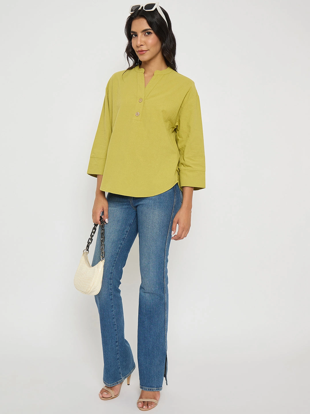 Madame Button Detail Solid Green Cotton Top QuickRelease Reversible Layering Tech