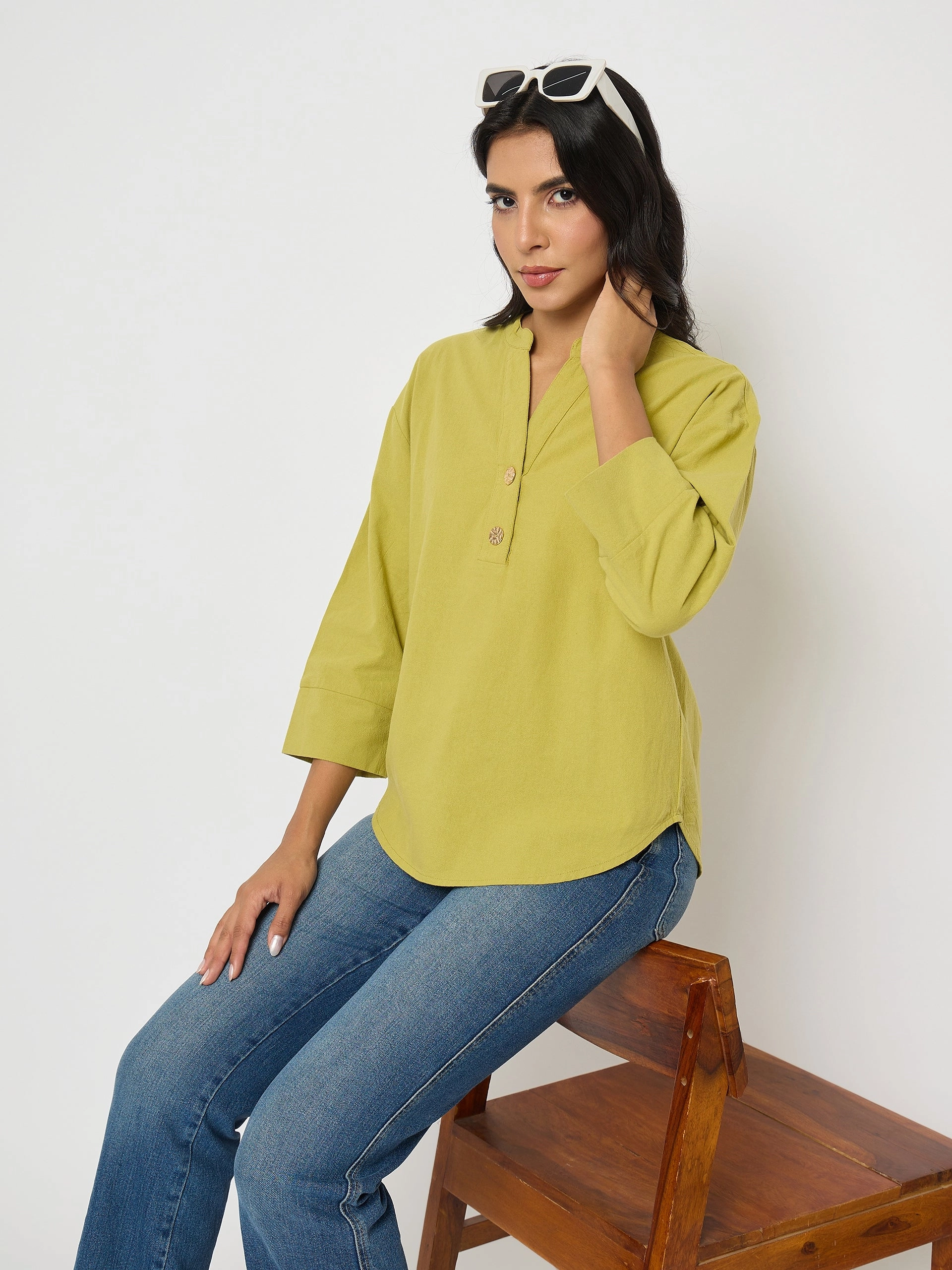 Casual Long Sleeve Biodegradable Fiber Blend Madame Button Detail Solid Green Cotton Top