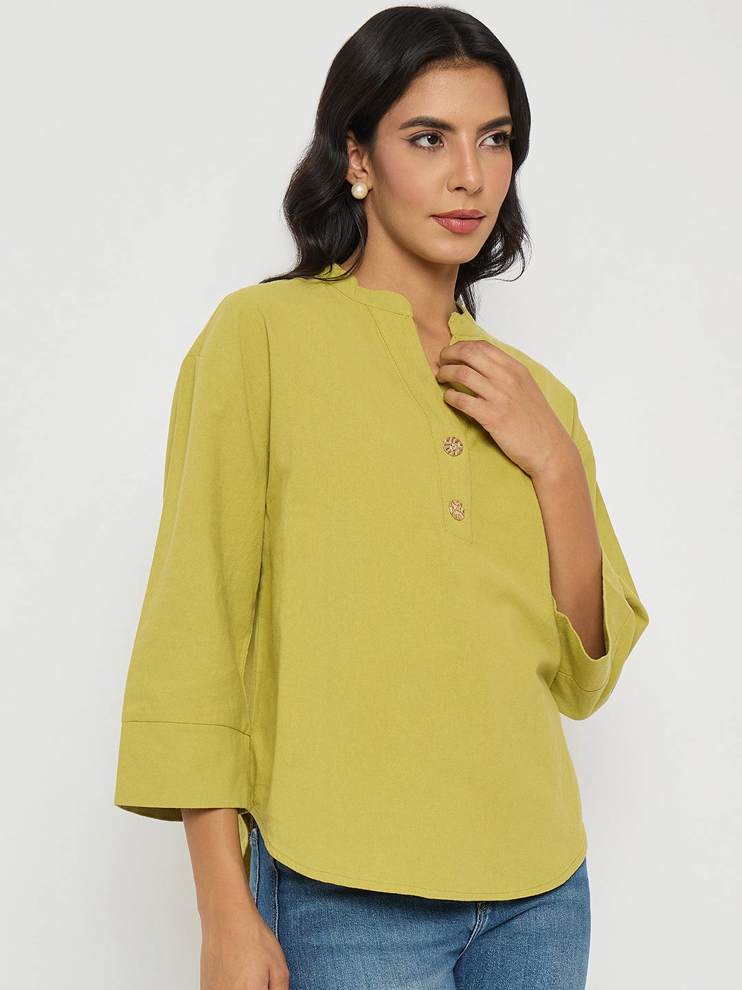 Madame Button Detail Solid Green Cotton Top Sporty Hoodie Erasable Surface Coating