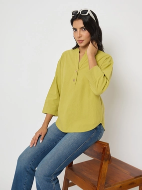 Casual Long Sleeve Biodegradable Fiber Blend Madame Button Detail Solid Green Cotton Top