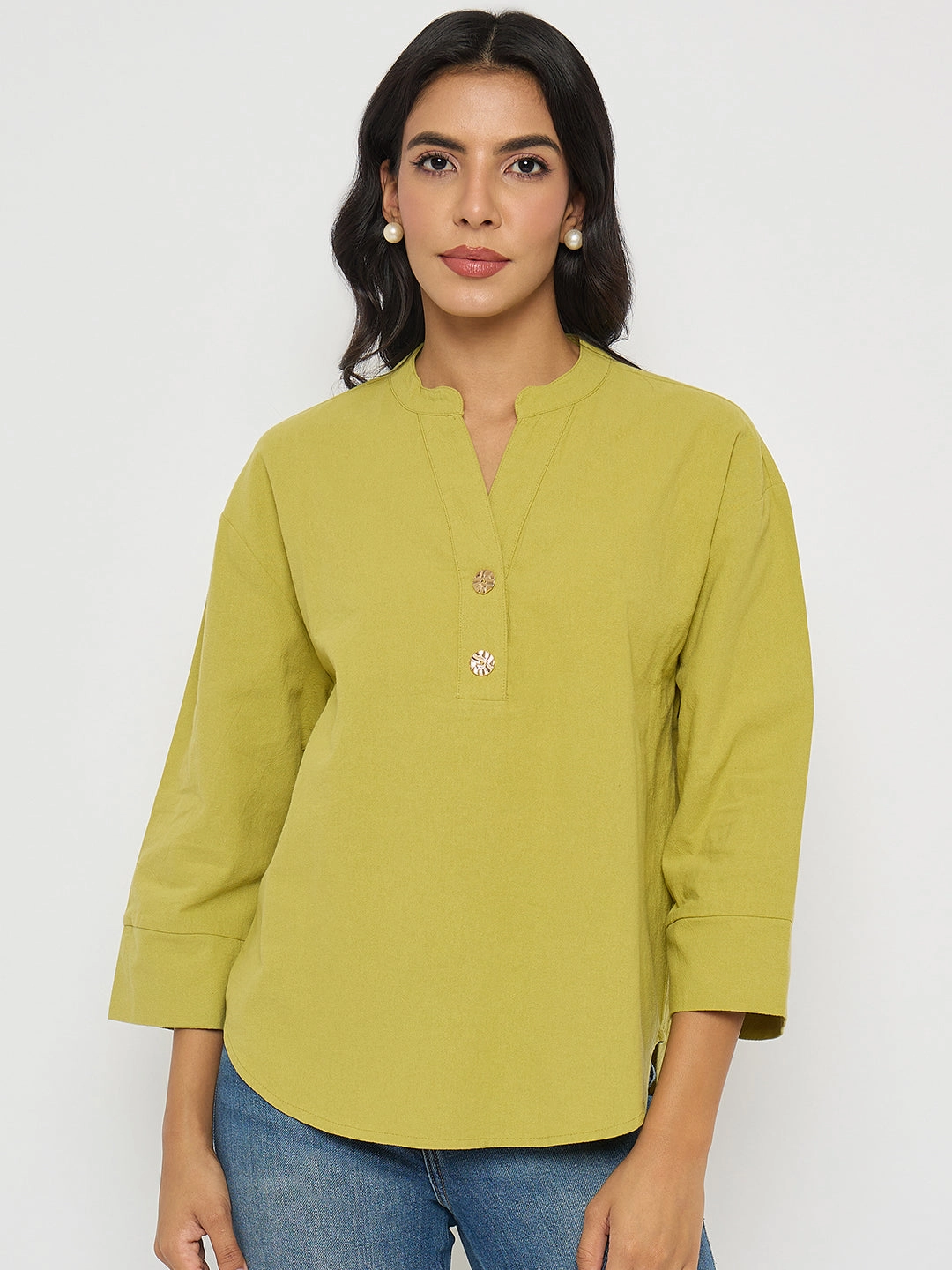 Long Sleeve Polo Madame Button Detail Solid Green Cotton Top