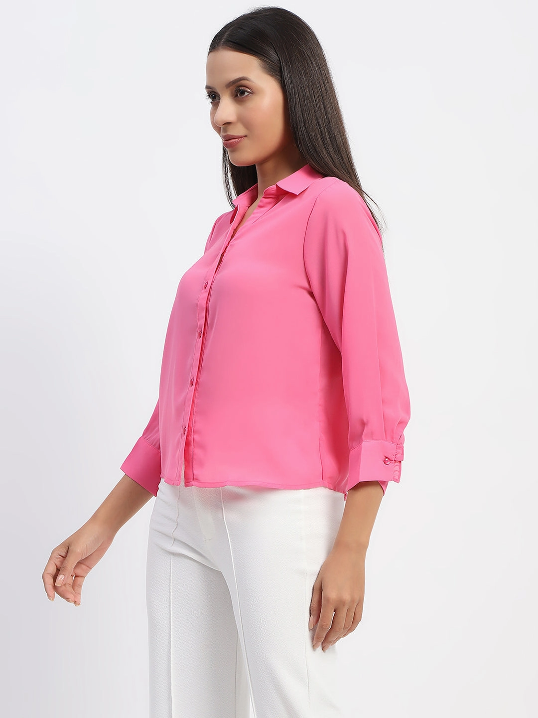 Madame Button-Down Collared Pink Shirt Long Sleeve Structured Shoulder Support