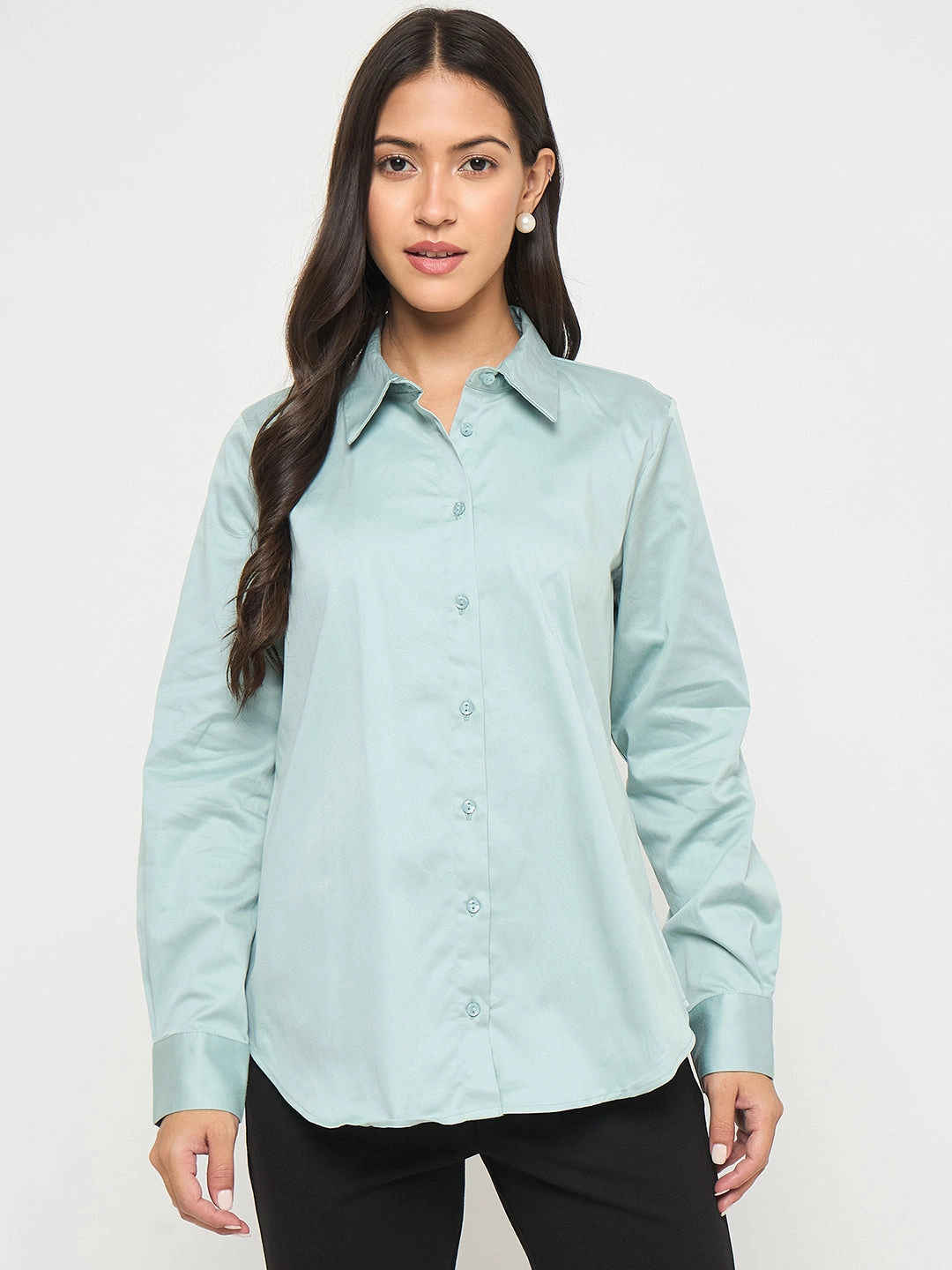 Dressy look Madame Buttoned Front Solid Cotton Blend Green Shirt