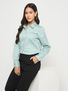Beach Attire Madame Buttoned Front Solid Cotton Blend Green Shirt
