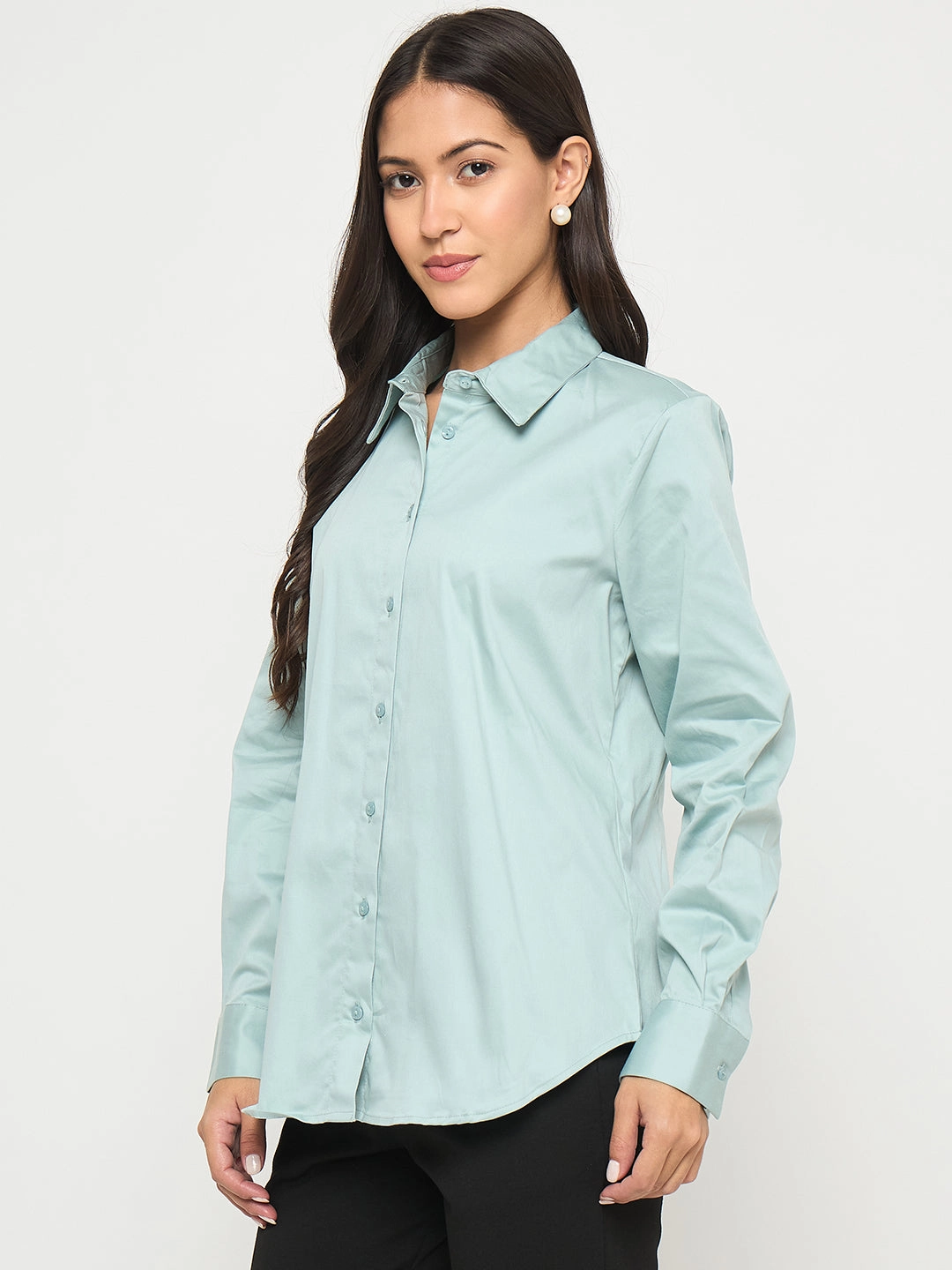 Layered Sleeve Cuffs Madame Buttoned Front Solid Cotton Blend Green Shirt