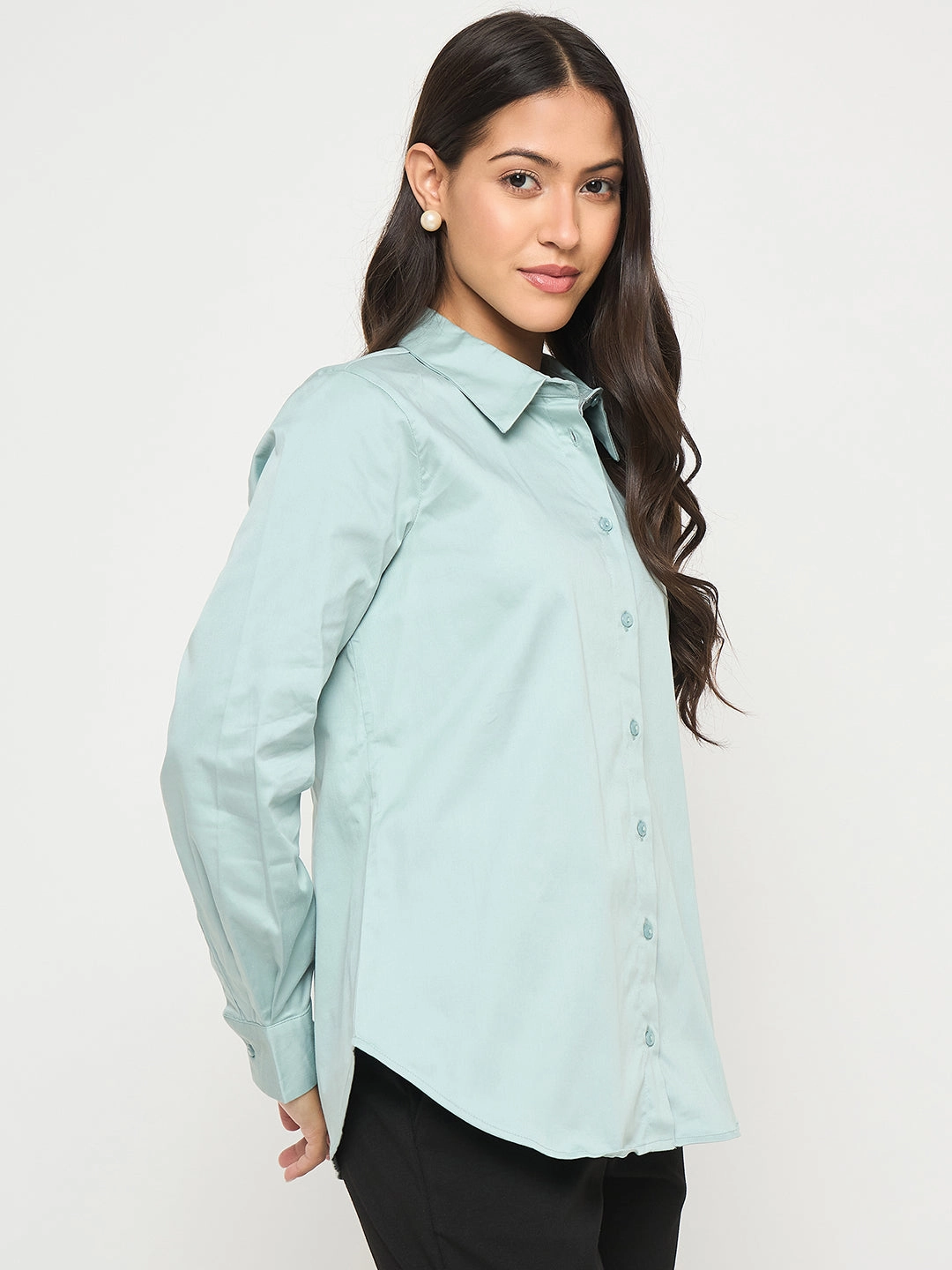 Madame Buttoned Front Solid Cotton Blend Green Shirt Abrasion Resistant Edges