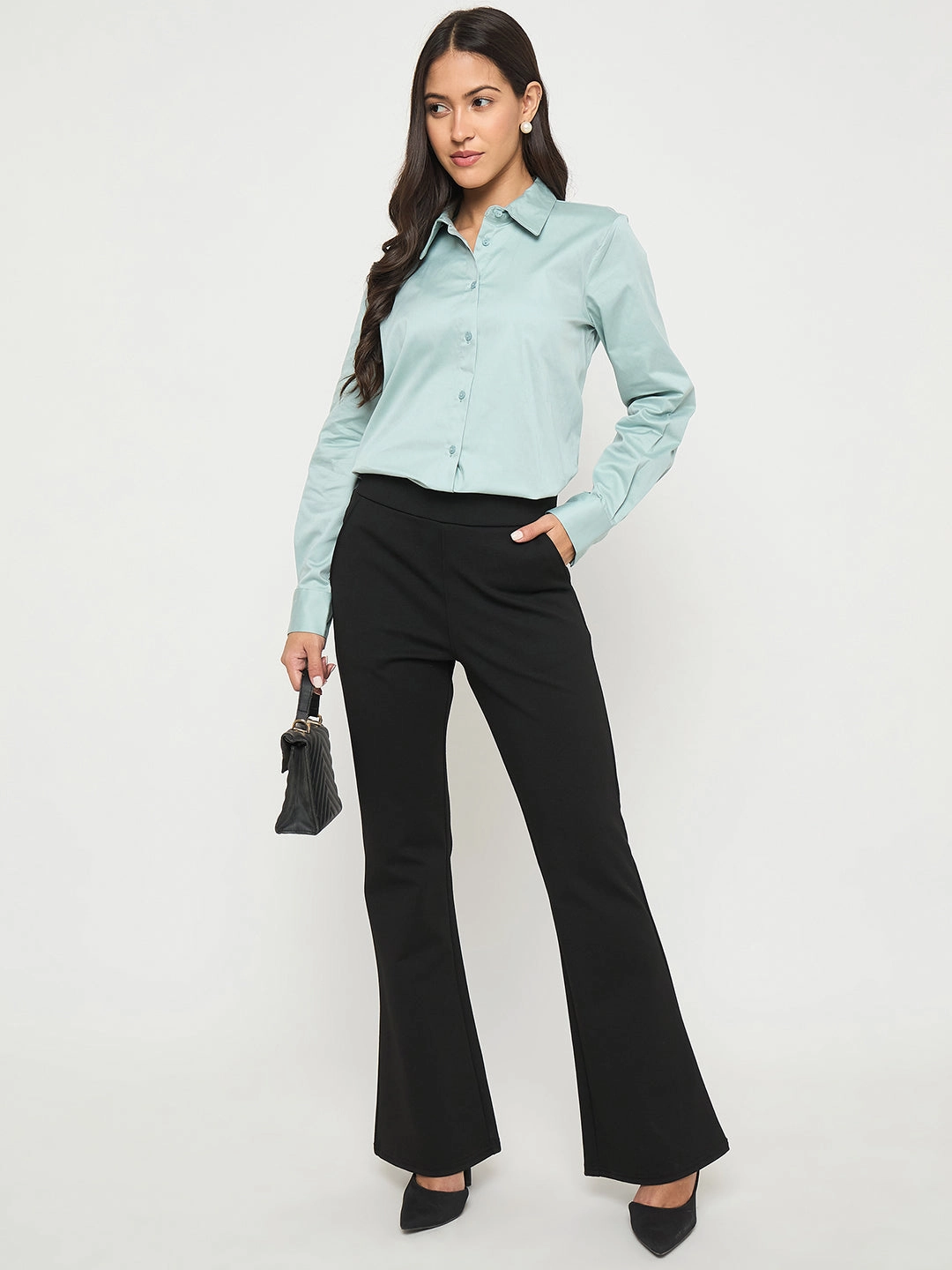 Madame Buttoned Front Solid Cotton Blend Green Shirt Street Style Lightweight Weave