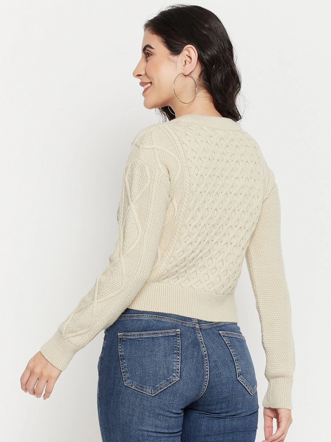 Casual Wear Active Design Madame Cable Knit Beige Crop Sweater