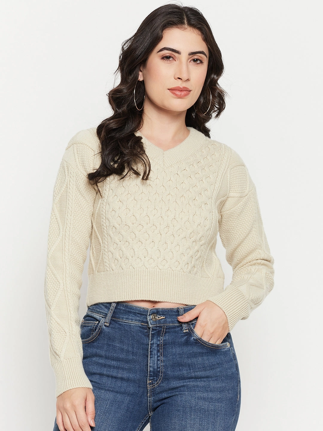Light Flex Madame Cable Knit Beige Crop Sweater