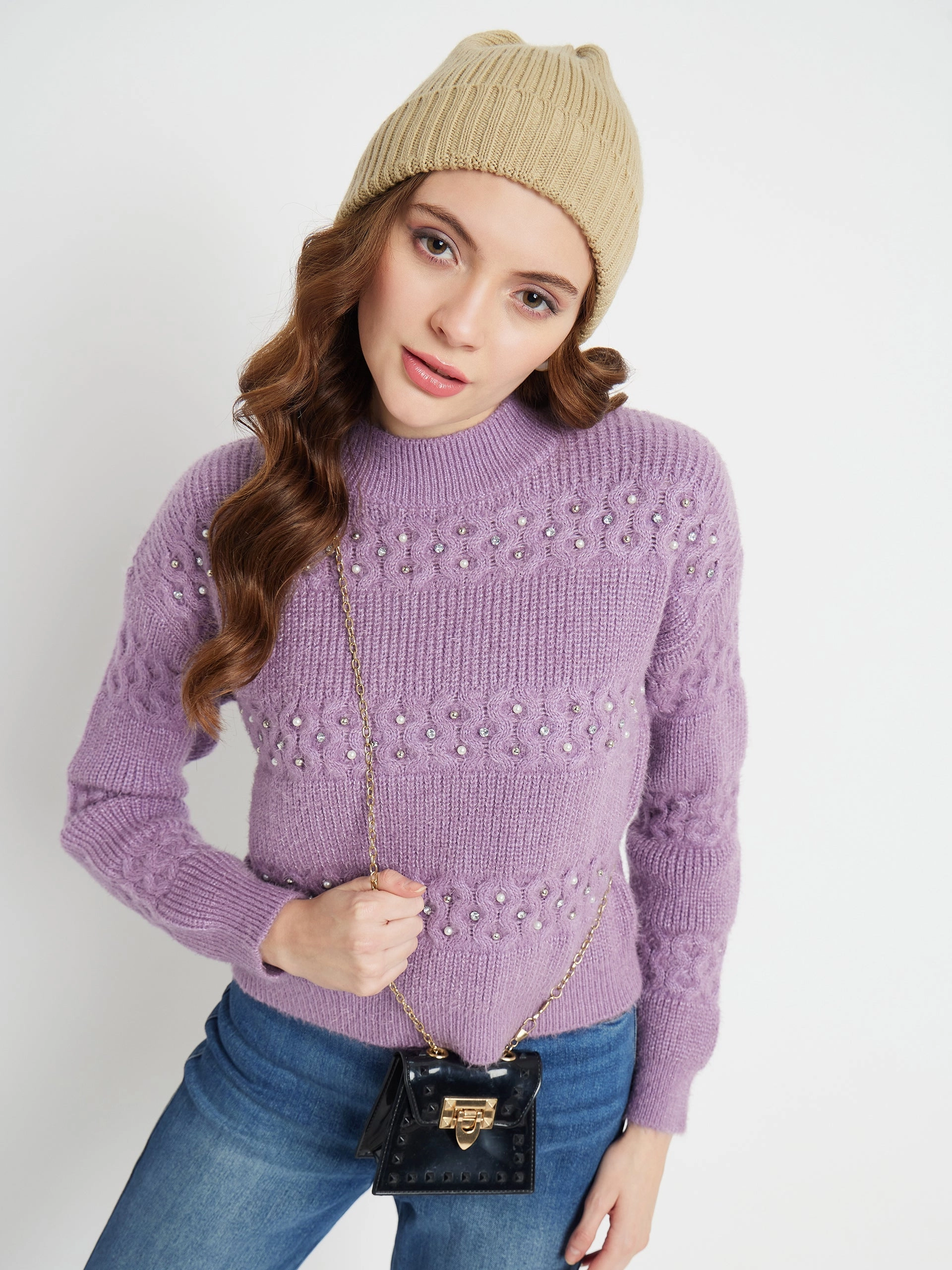 Madame Cable Knit Embellished Lilac Sweater Knit Comfort Comfy Wearable