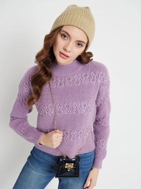 Madame Cable Knit Embellished Lilac Sweater Knit Comfort Comfy Wearable