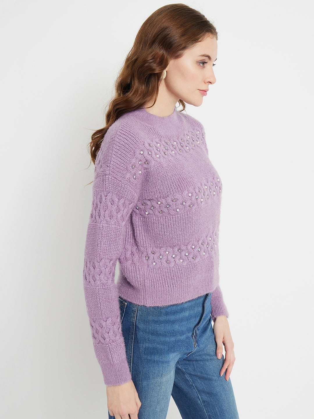 Active Design Knitted Fashion Madame Cable Knit Embellished Lilac Sweater
