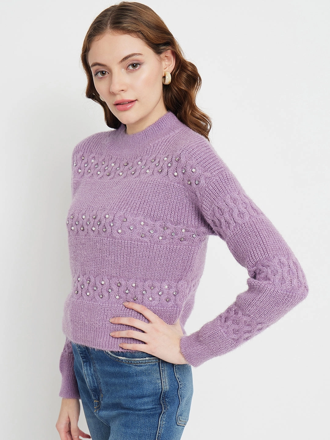 Madame Cable Knit Embellished Lilac Sweater Stretch waistband
