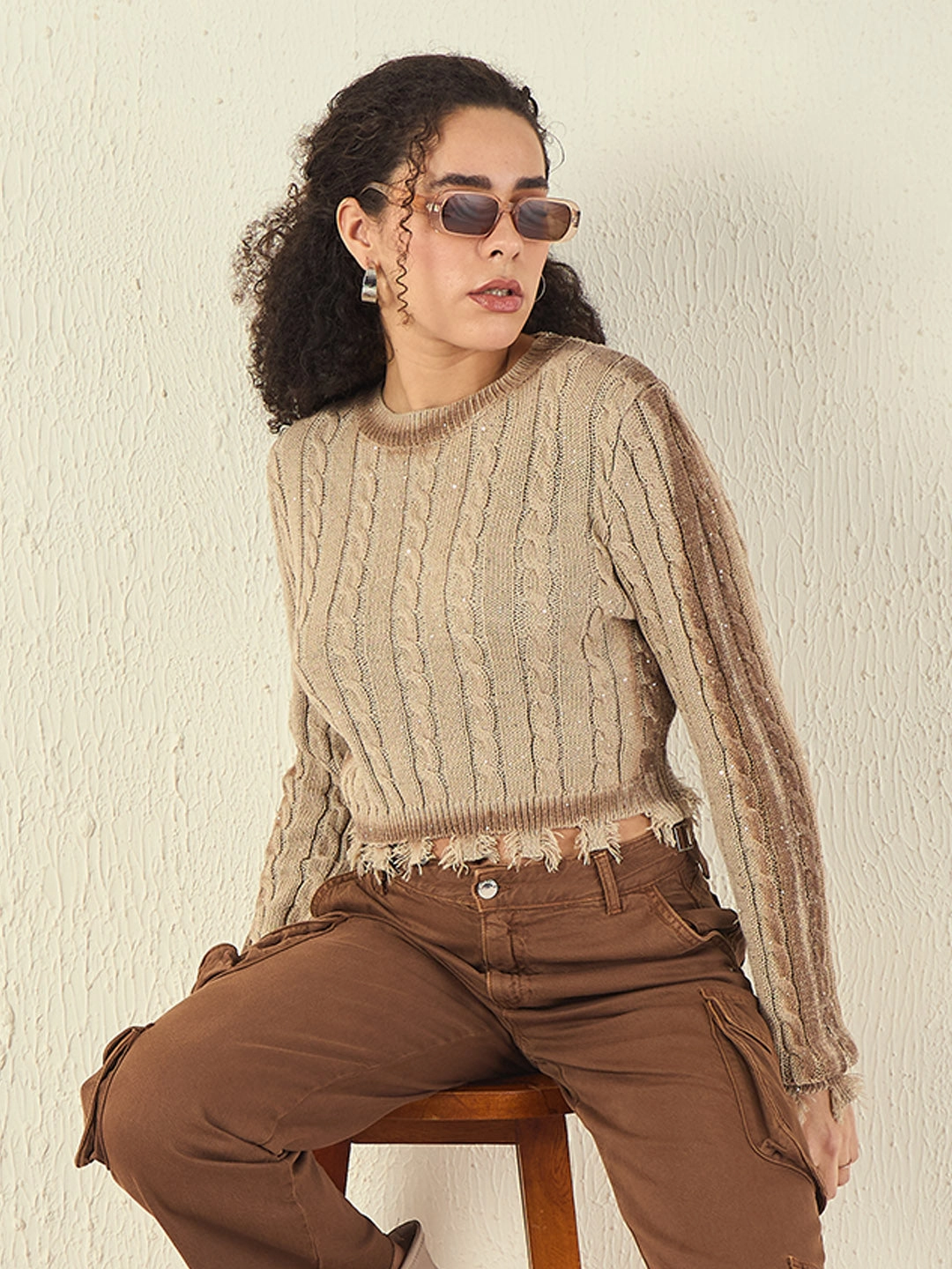 Madame Cable Knit Fawn Crop Sweater Breathable Open Weave Soft Knit