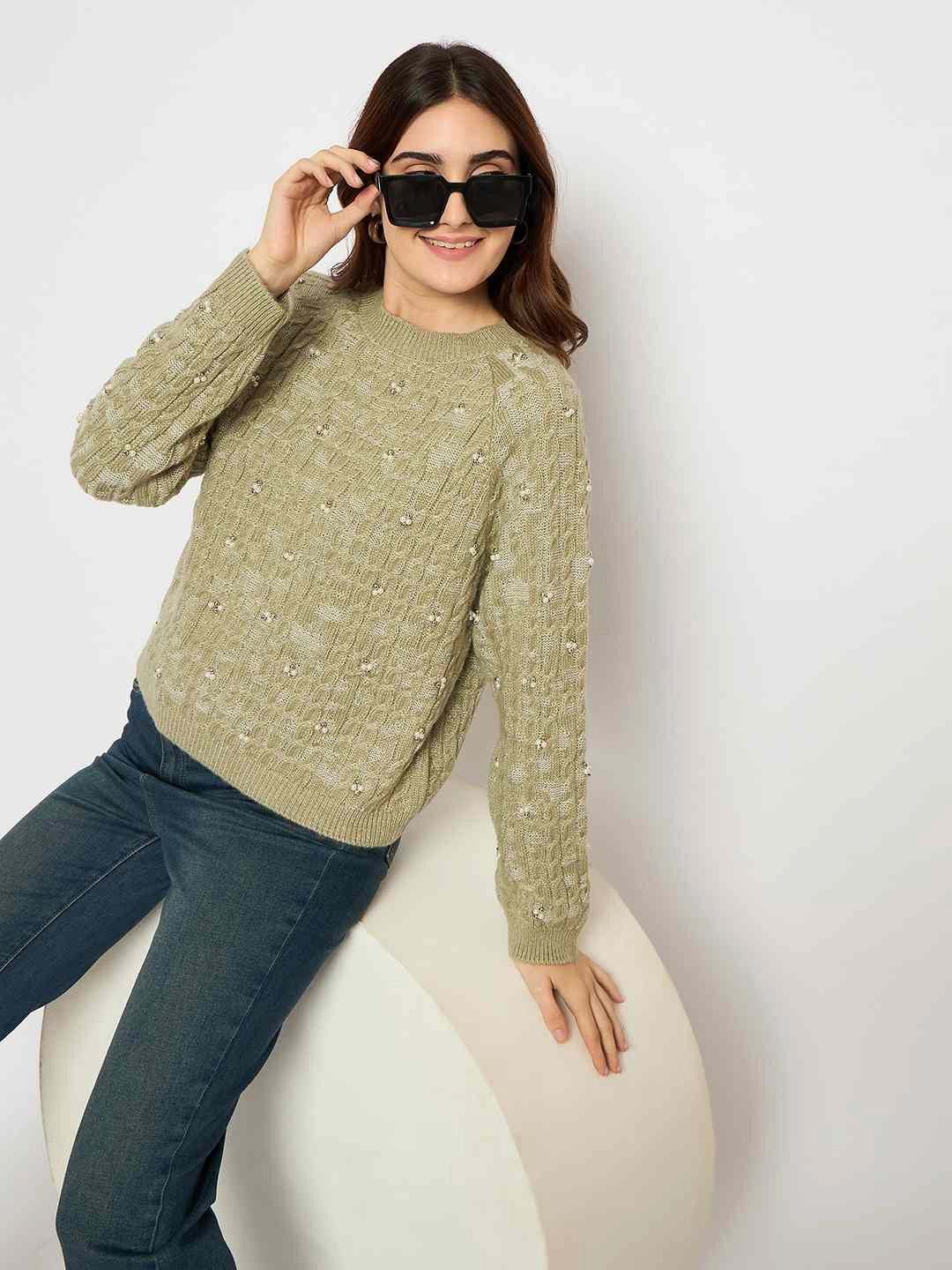 Elastic cuffs Madame Cable Knit Pearl Embellished Green Sweater