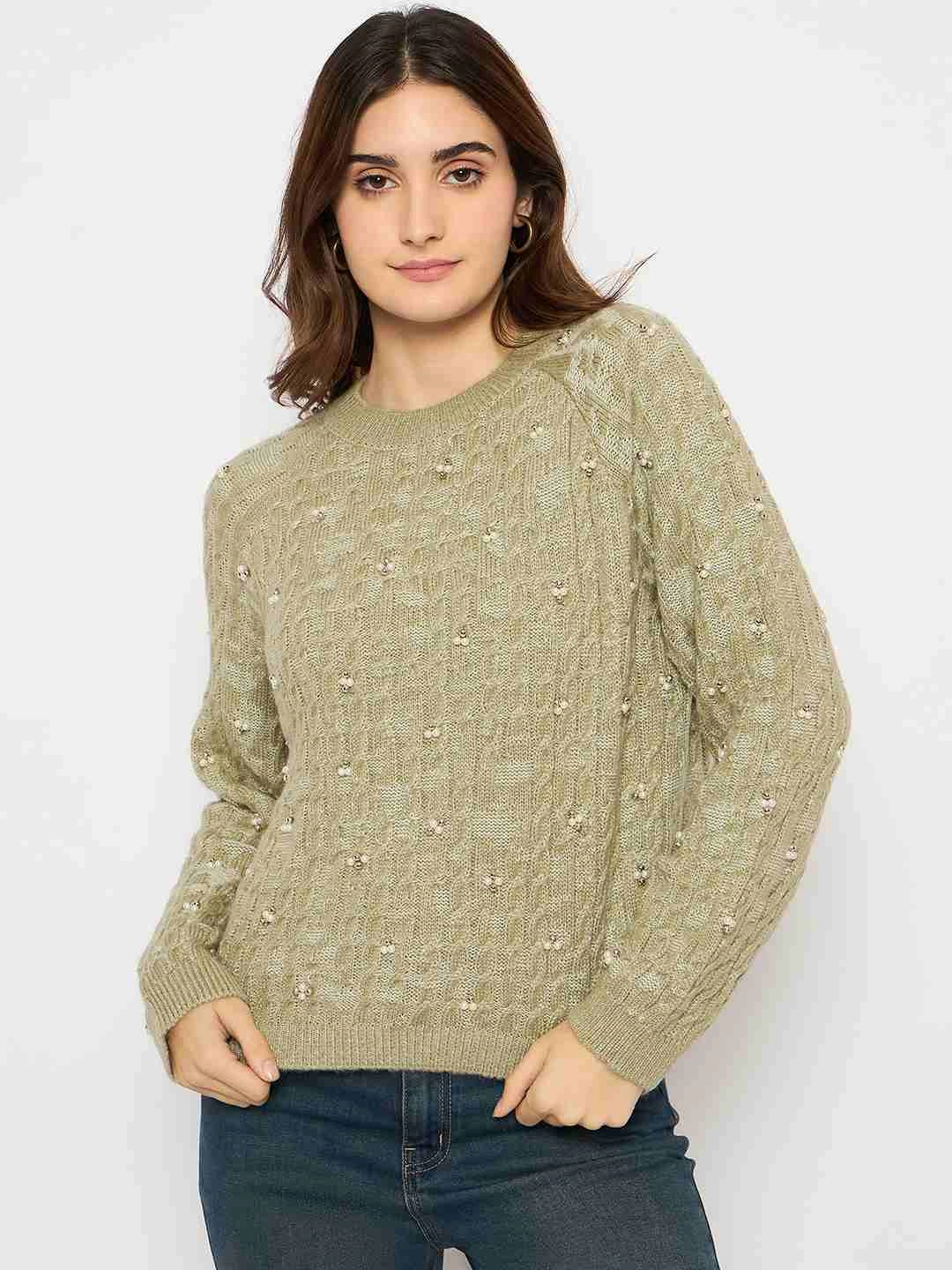 Madame Cable Knit Pearl Embellished Green Sweater Knit Design