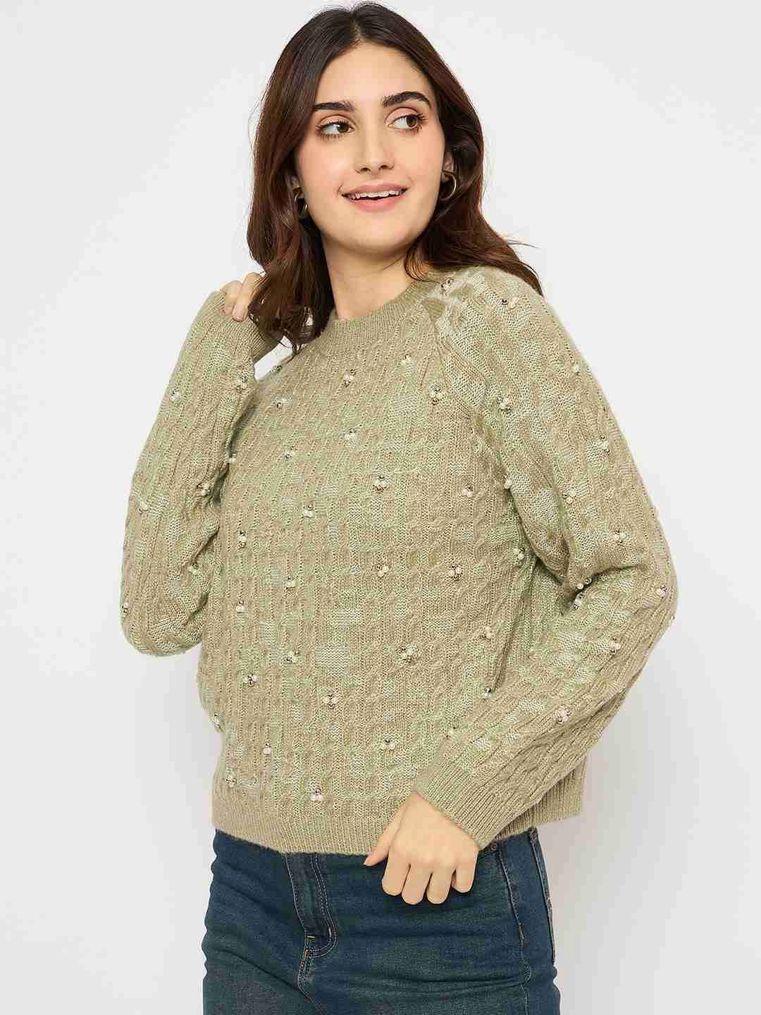 Layering Essential Sleek Wear Madame Cable Knit Pearl Embellished Green Sweater