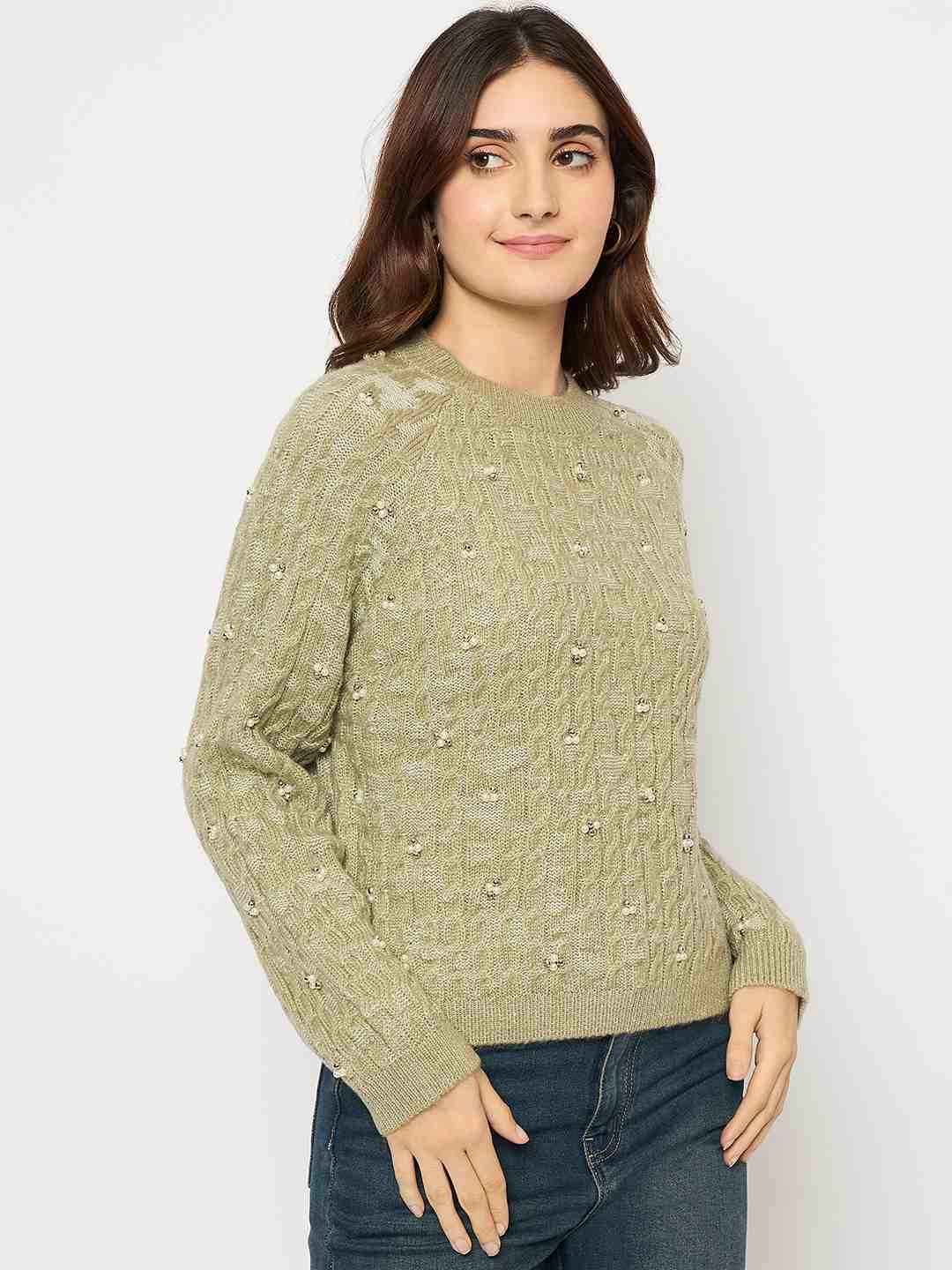Madame Cable Knit Pearl Embellished Green Sweater Everyday Cozy