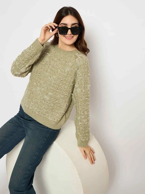 Elastic cuffs Madame Cable Knit Pearl Embellished Green Sweater