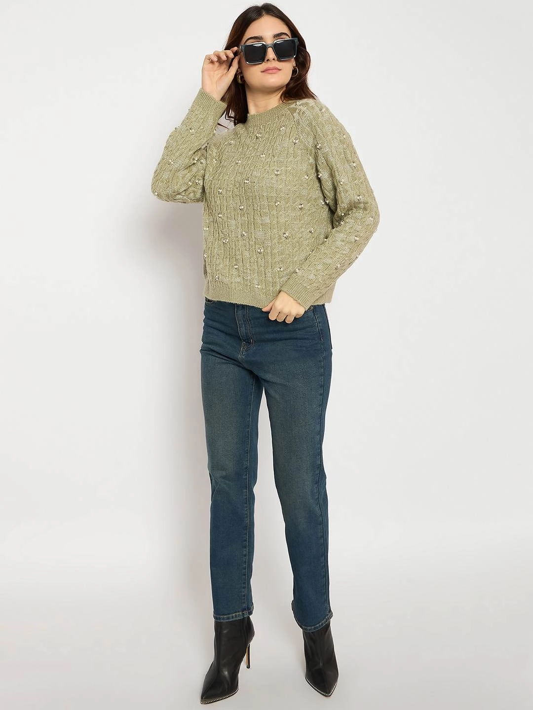 Madame Cable Knit Pearl Embellished Green Sweater Chill Fit Comfort Stretch Fit