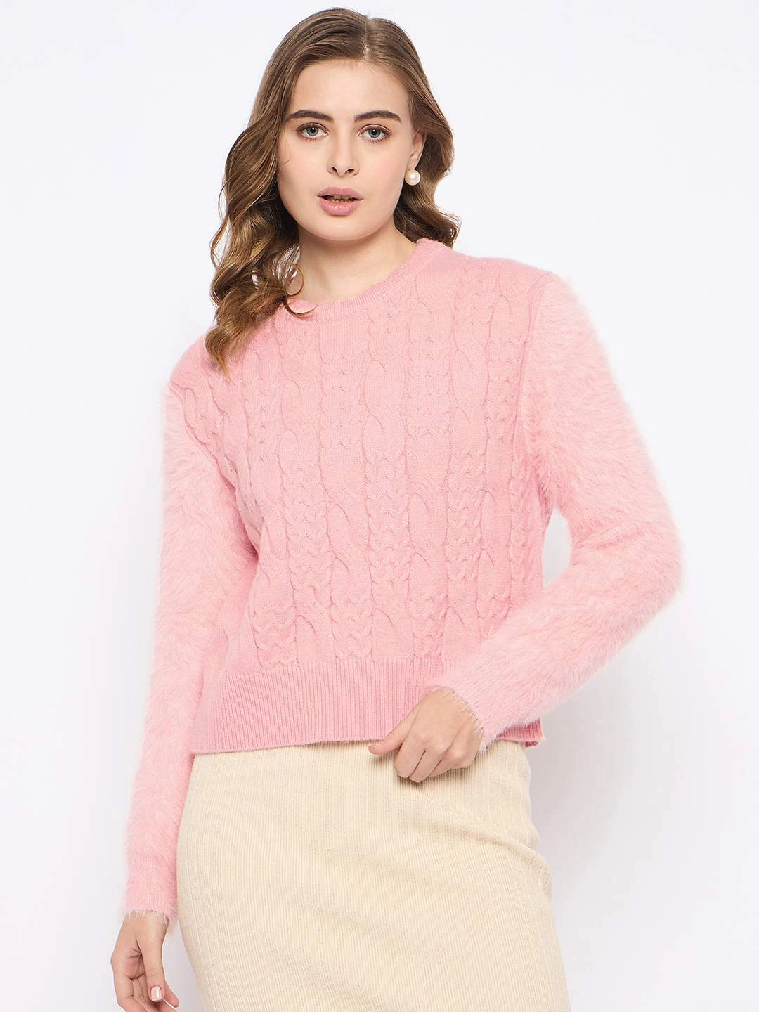 Chilly Day Essentials Madame Cable Knit Solid Peach Sweater