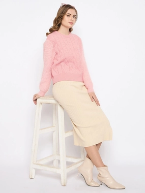 Breathable Comfort Wear Madame Cable Knit Solid Peach Sweater